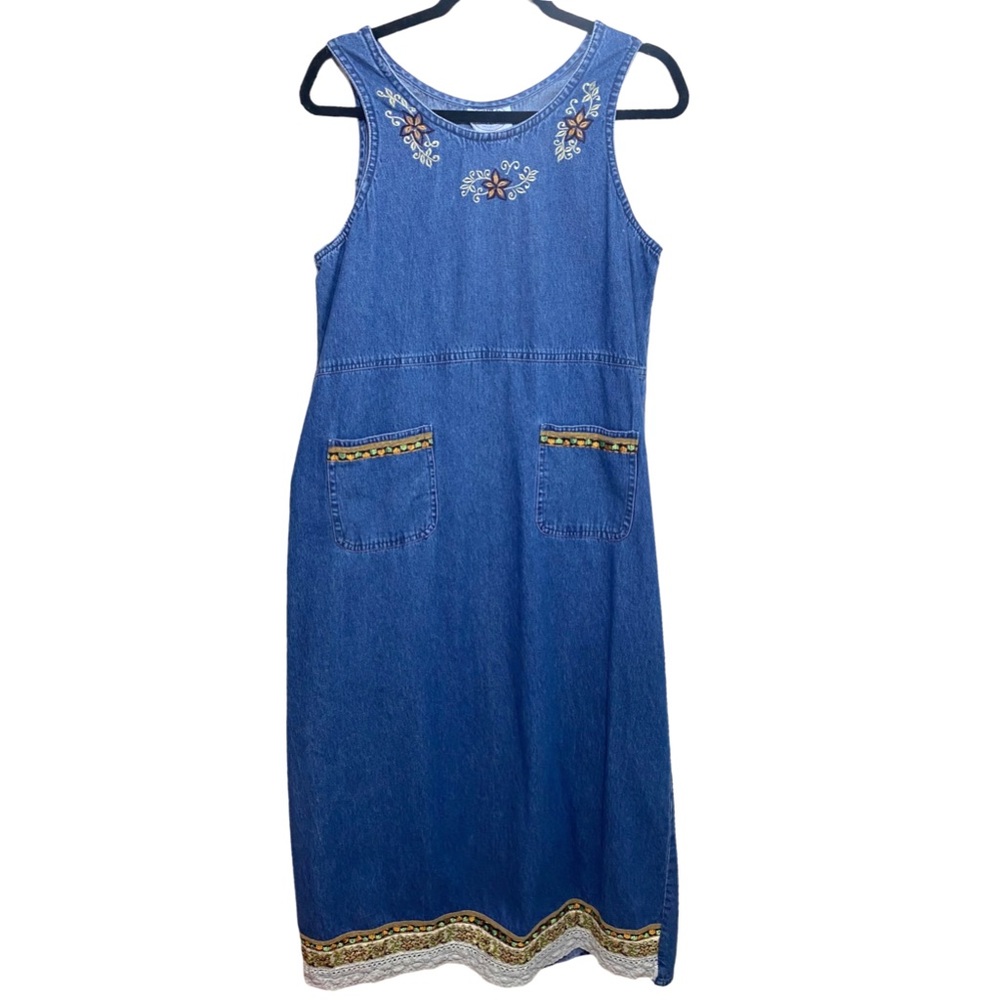Vintage Carolina Blues jumper Dress Large Plus Size Sleeveless Jean Denim‎ Maxi